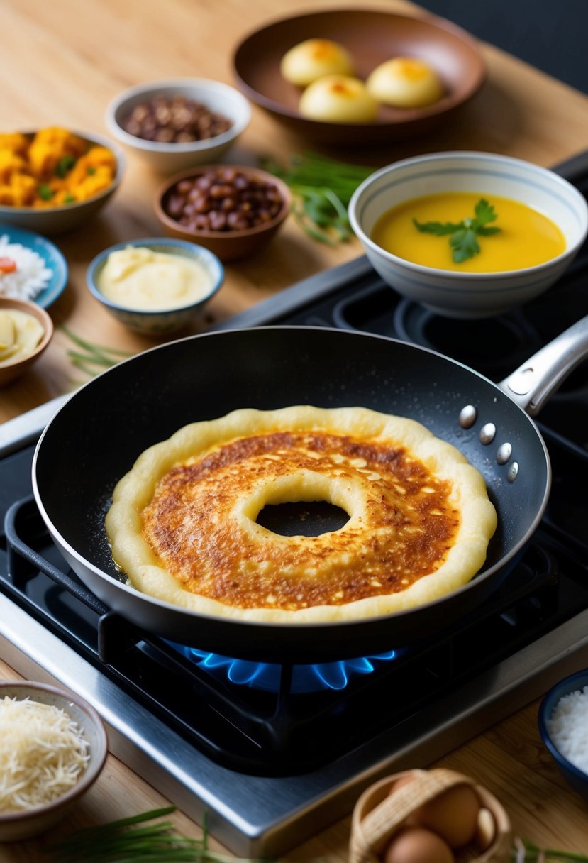 A sizzling pan of golden brown Rava Appam sizzling on a stovetop, surrounded by traditional Indian breakfast ingredients