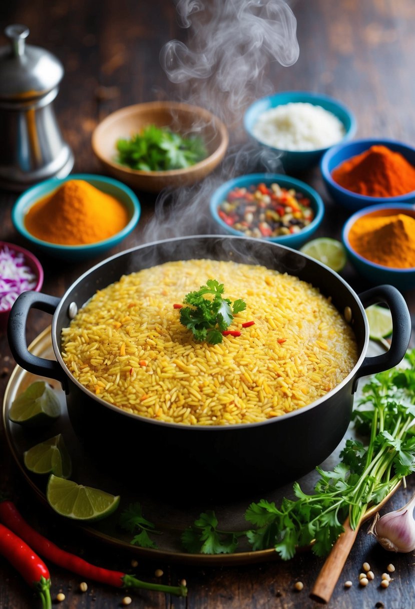 A steaming pot of Rava Kichadi surrounded by colorful Indian spices and fresh ingredients on a rustic kitchen counter