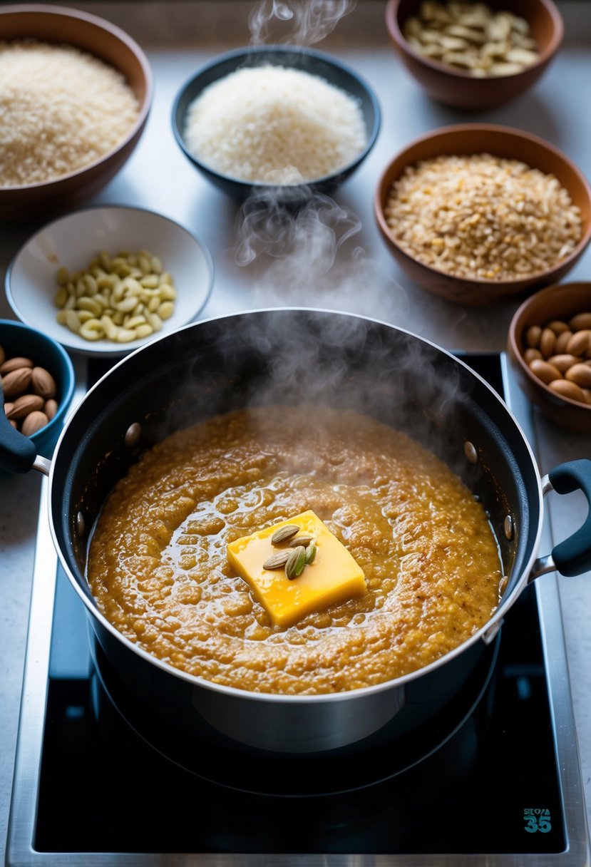 A steaming pot of Sooji Halwa being prepared on a stovetop with ghee, sugar, and cardamom, surrounded by bowls of roasted rava and nuts