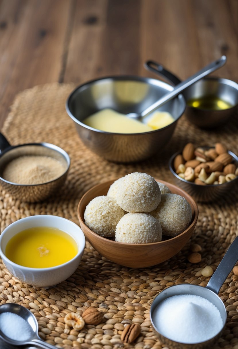 A table set with ingredients for making Rava Ladoo, including rava, ghee, sugar, and nuts, with a mixing bowl and utensils