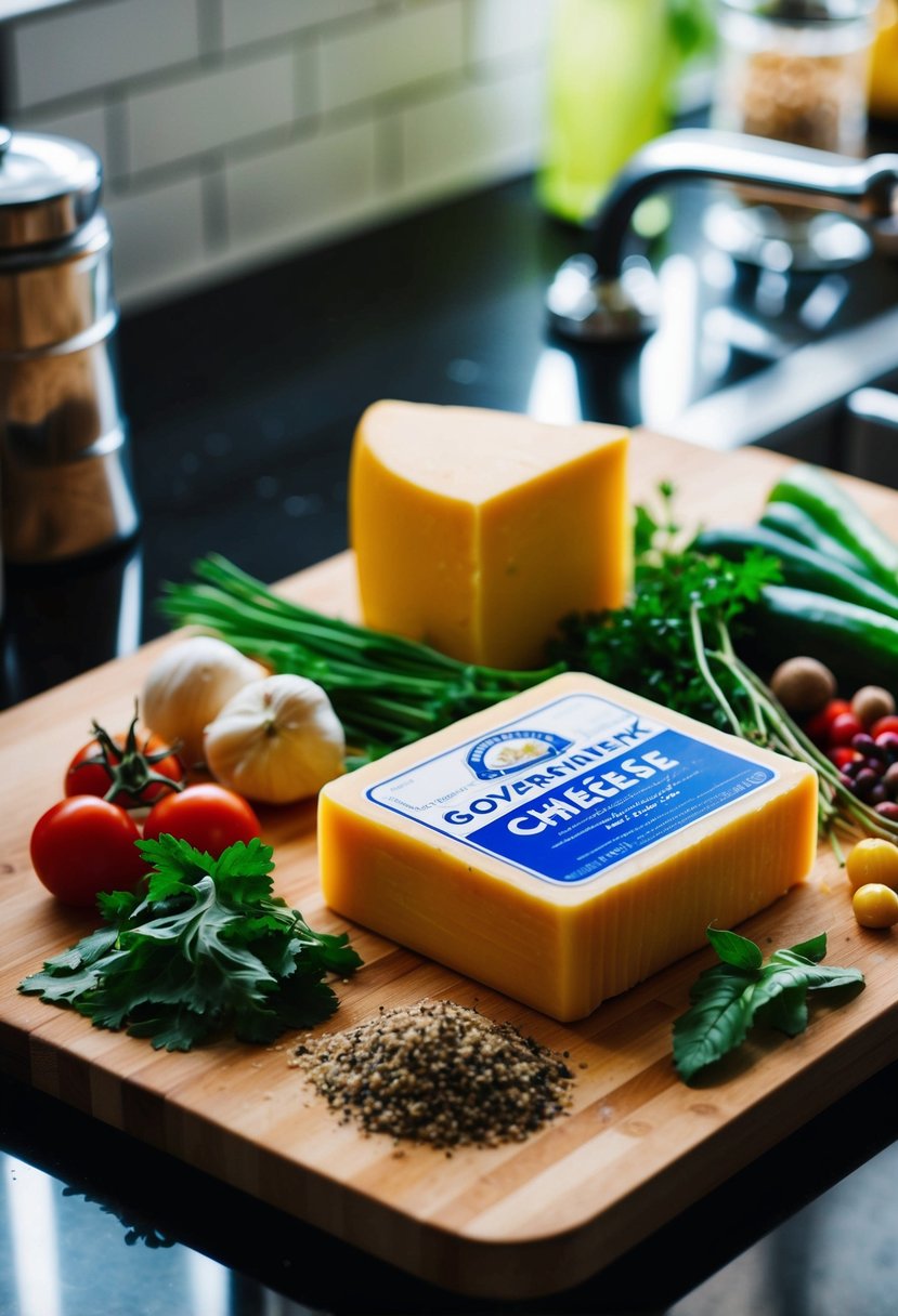 A kitchen counter with a block of government cheese, a cutting board, and various ingredients such as vegetables, herbs, and spices