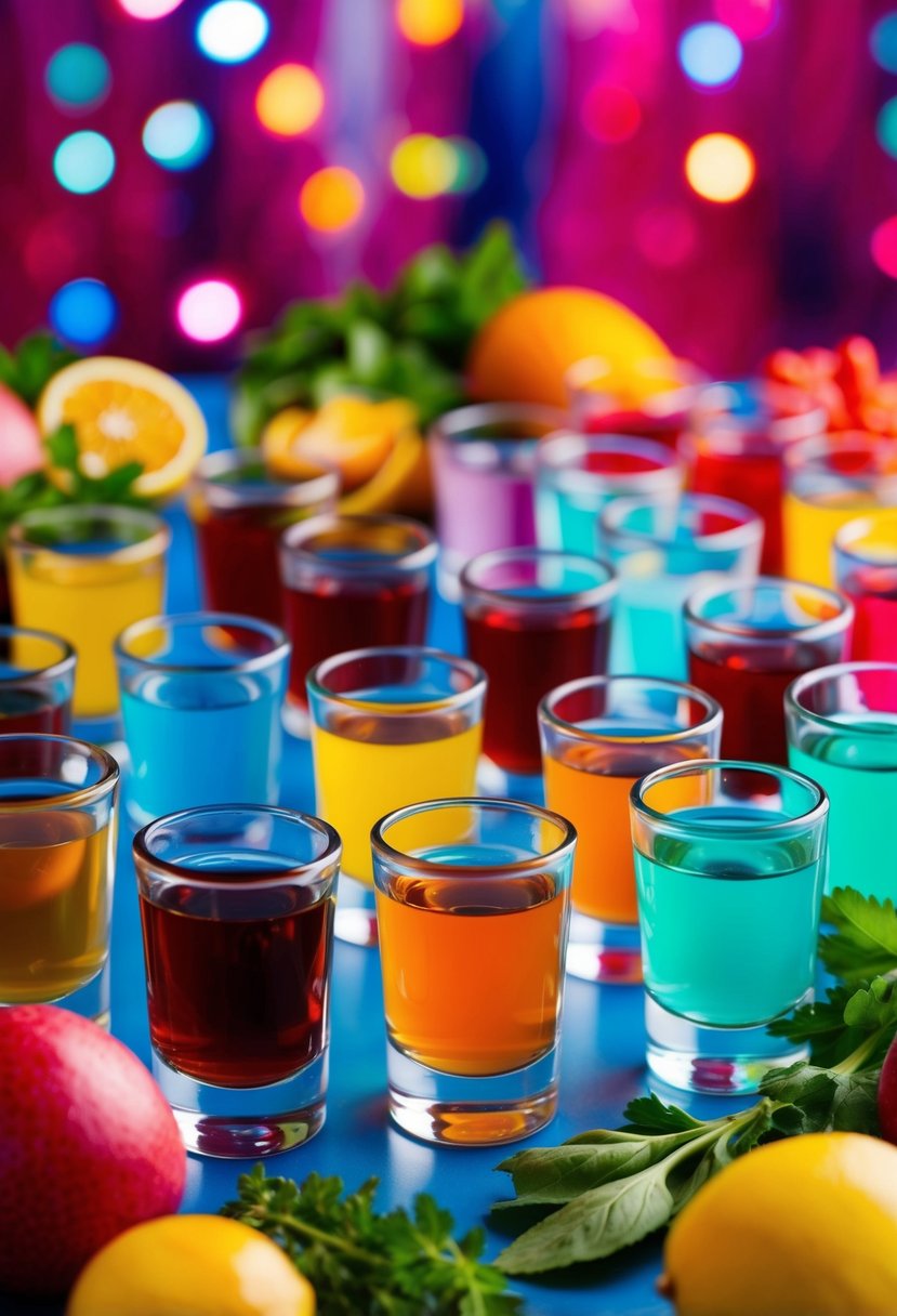 A colorful array of shot glasses filled with various liquids, surrounded by fresh fruits and herbs, set against a vibrant backdrop