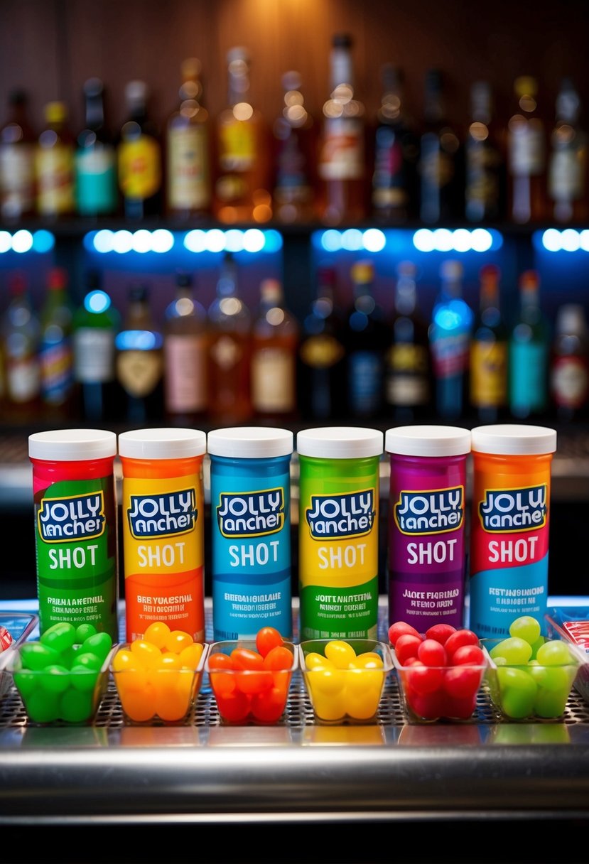 A colorful array of Jolly Rancher Shot ingredients arranged on a bar counter