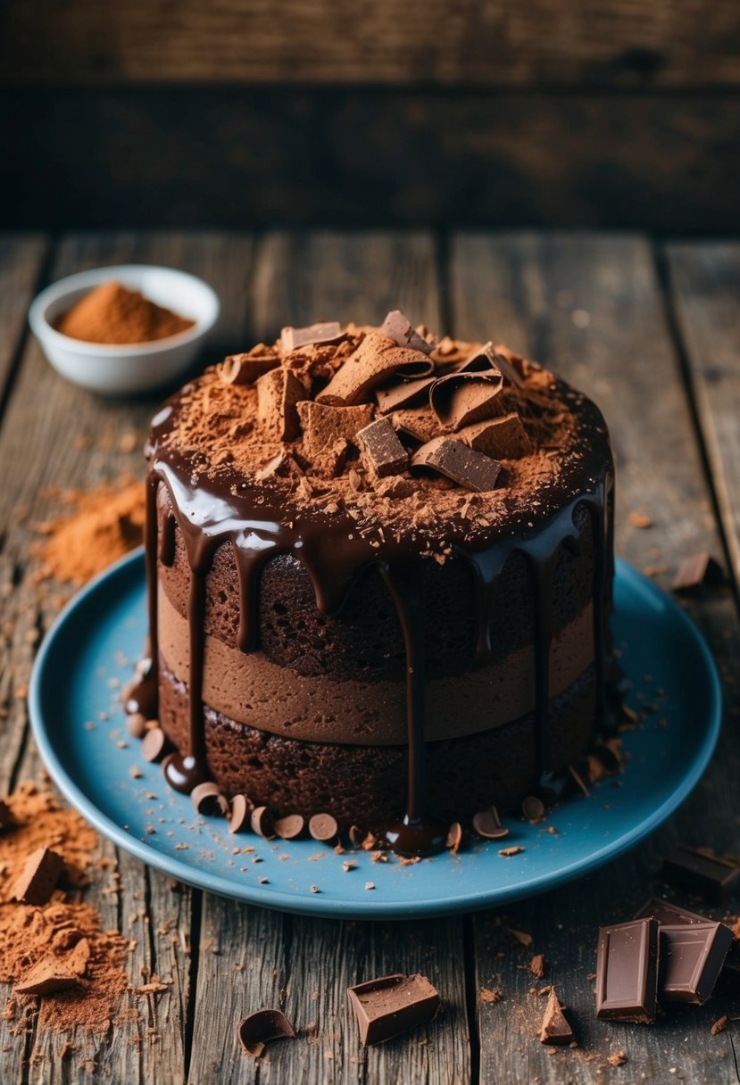 A rich chocolate cake shot sits on a rustic wooden table, surrounded by scattered cocoa powder and chocolate shavings