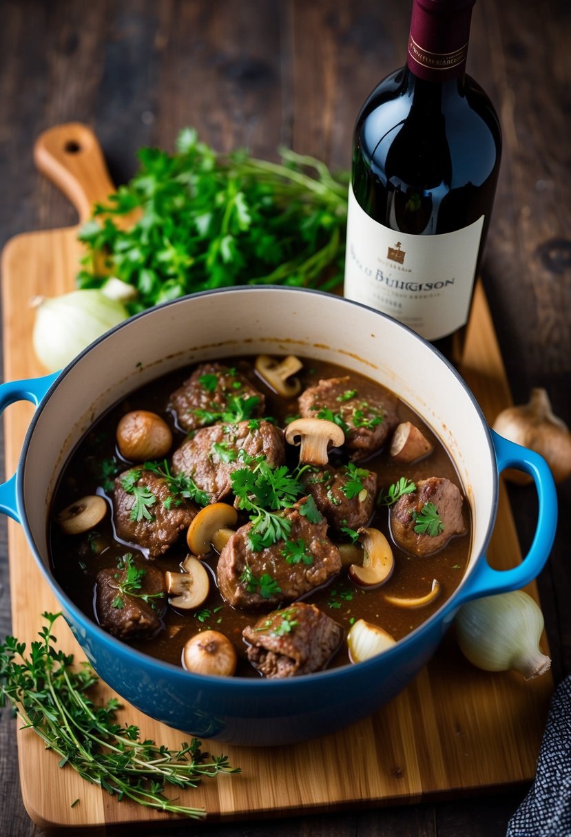 A simmering pot of beef bourguignon with a bottle of red wine, surrounded by fresh herbs, mushrooms, and onions on a wooden cutting board