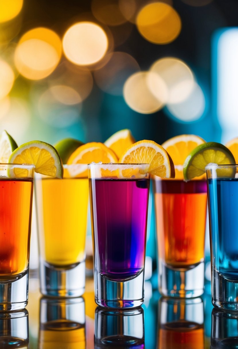 A colorful array of shot glasses filled with different layers of vibrant liquid, garnished with citrus wedges and salt rims