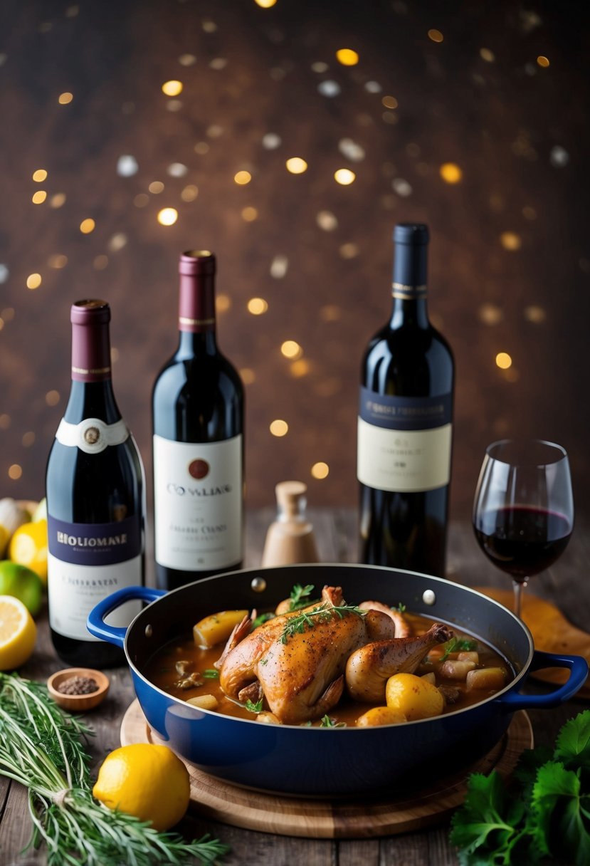 A simmering pot of Coq au Vin surrounded by bottles of red wine and fresh ingredients