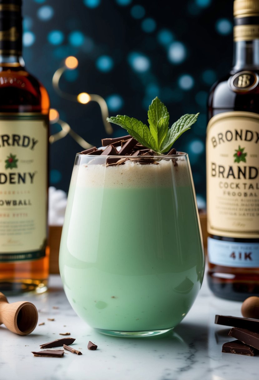 A glass filled with a creamy, mint-colored liquid, topped with chocolate shavings and a sprig of fresh mint, surrounded by bottles of brandy and snowball cocktail ingredients