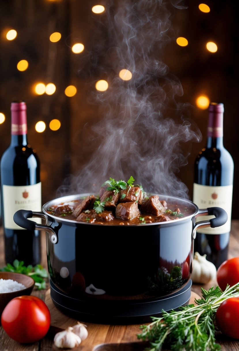 A bubbling pot of Beef Bourguignon surrounded by red wine bottles and ingredients