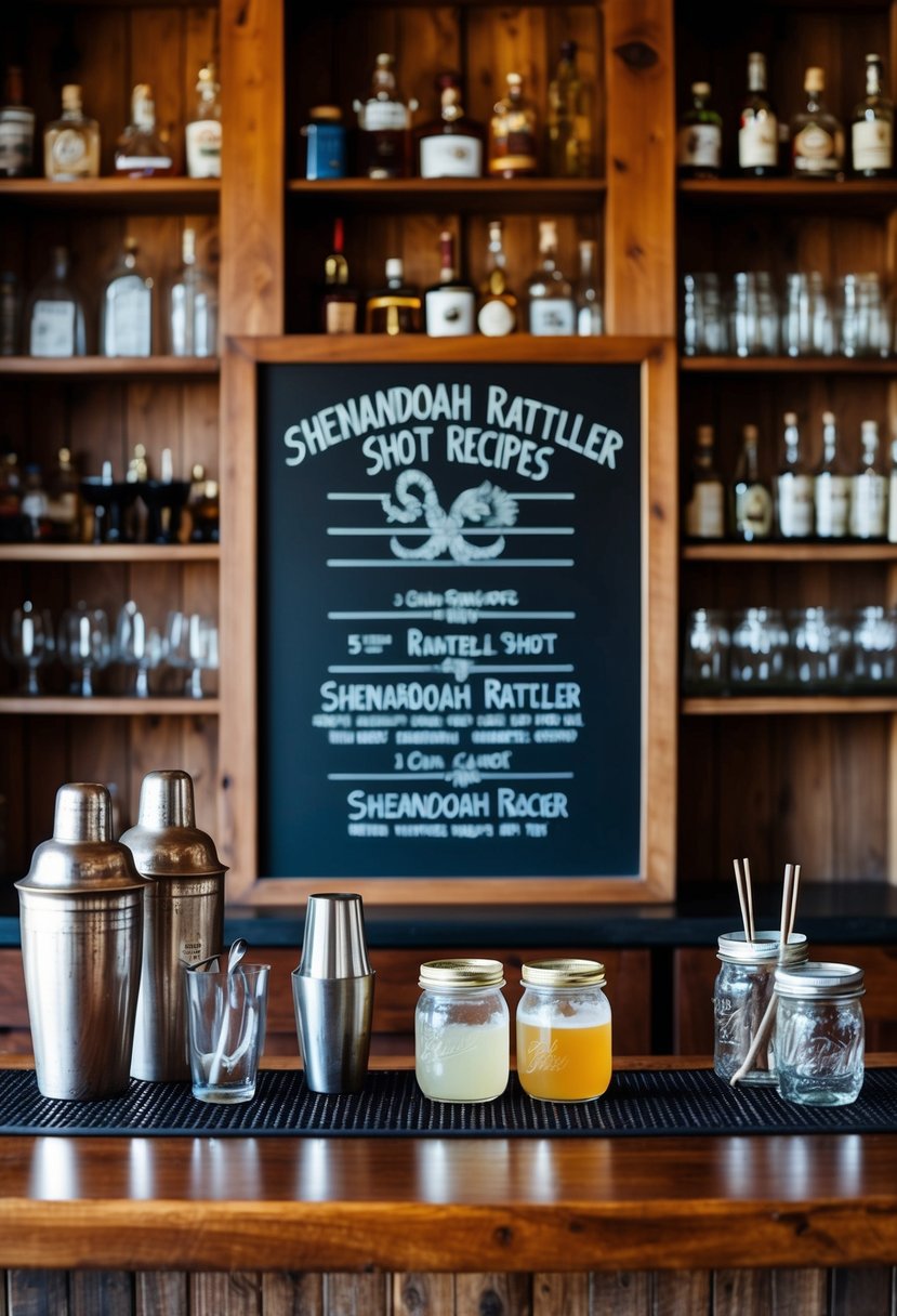 A rustic wooden bar with vintage cocktail shakers, mason jars, and a chalkboard menu of Shenandoah Rattler shot recipes