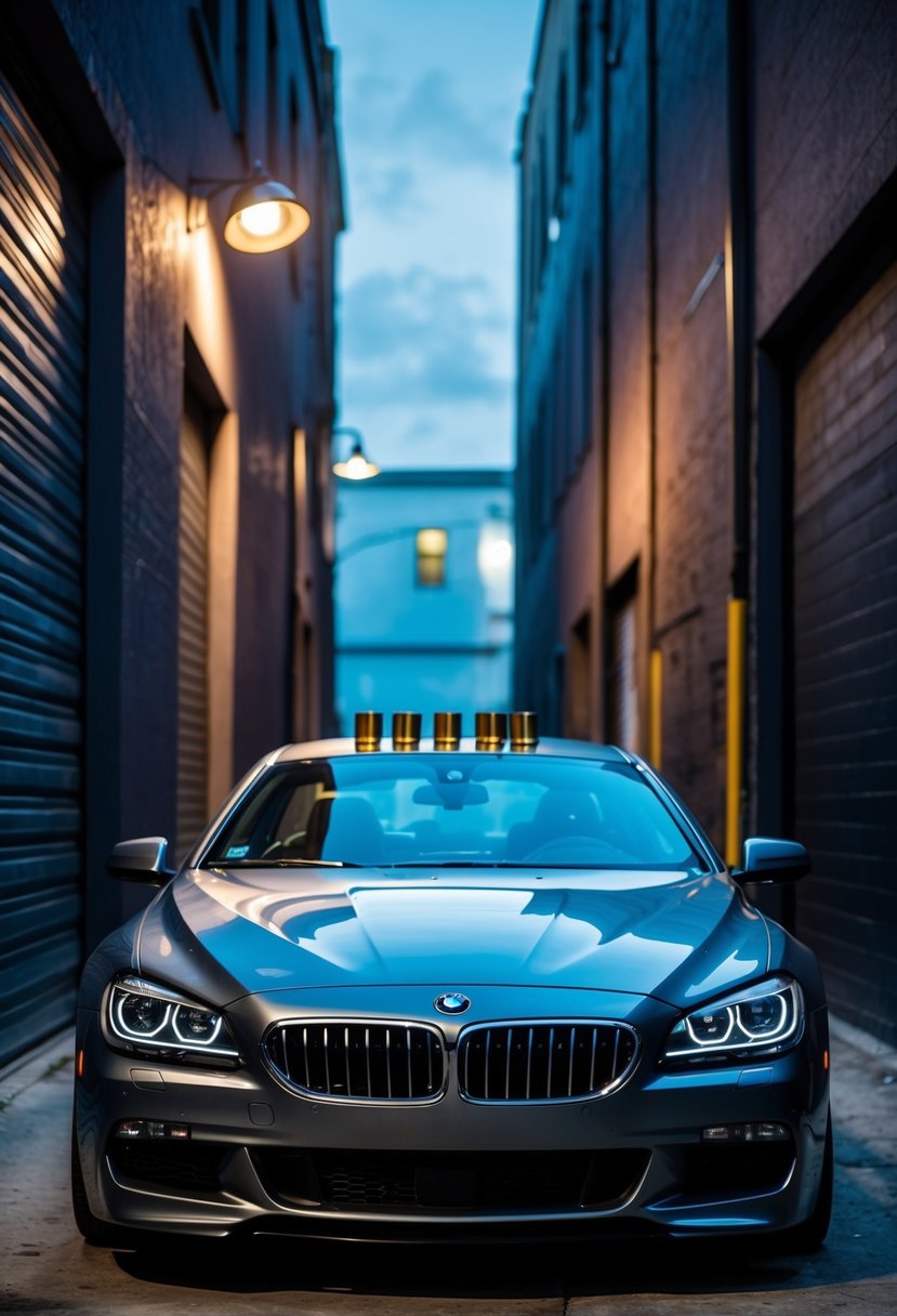 A sleek BMW parked in a dimly lit alley, with a spotlight highlighting a collection of shot glasses on the hood