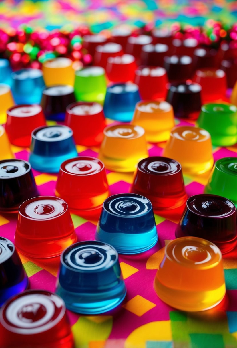 A colorful array of jello shots arranged on a vibrant, festive table setting