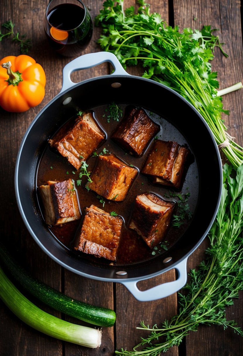 A pot simmering with red wine-braised short ribs, surrounded by fresh herbs and vegetables on a rustic wooden table