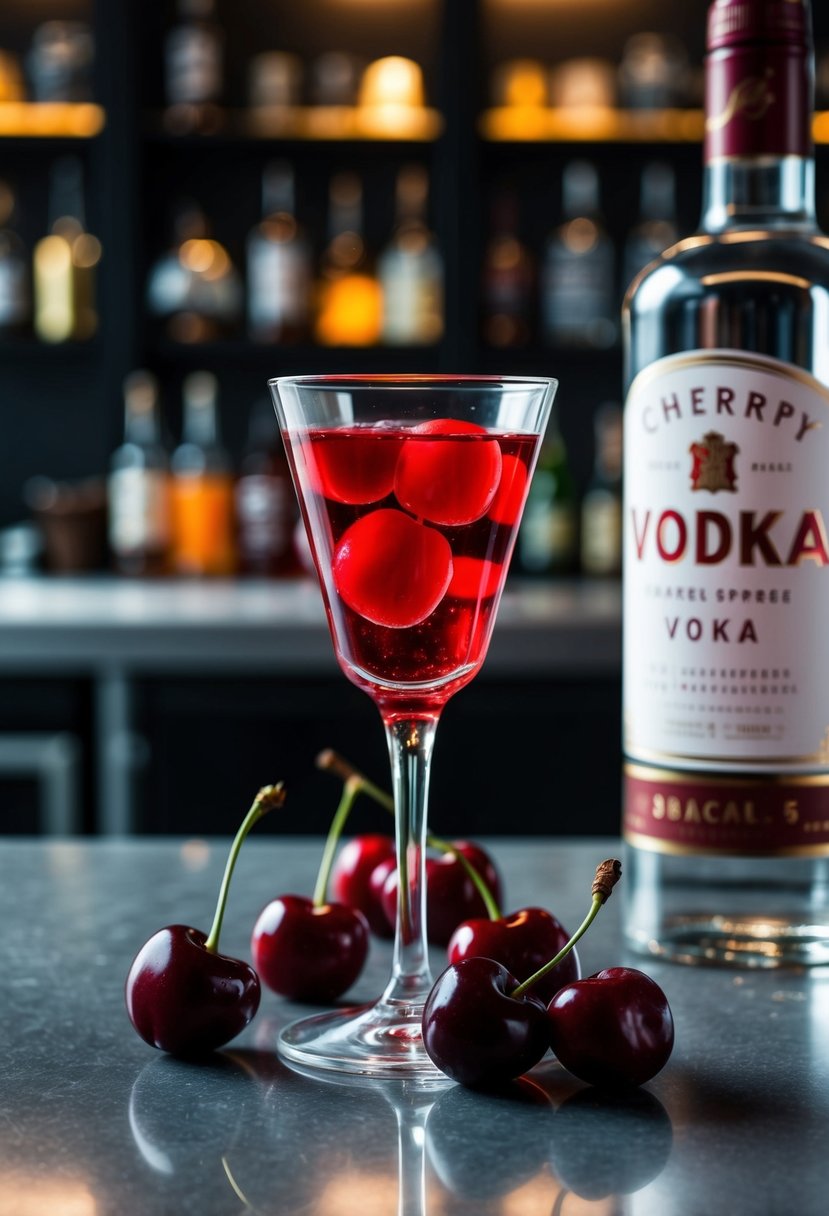 A shot glass filled with bright red cherry vodka, surrounded by fresh cherries and a bottle of vodka on a sleek bar counter