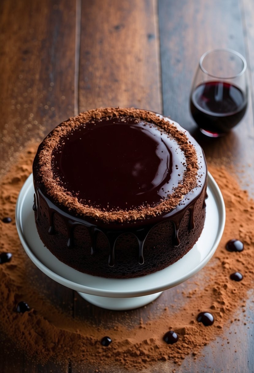 A rich chocolate cake topped with a glossy red wine glaze, surrounded by scattered cocoa powder and a few spilled red wine droplets