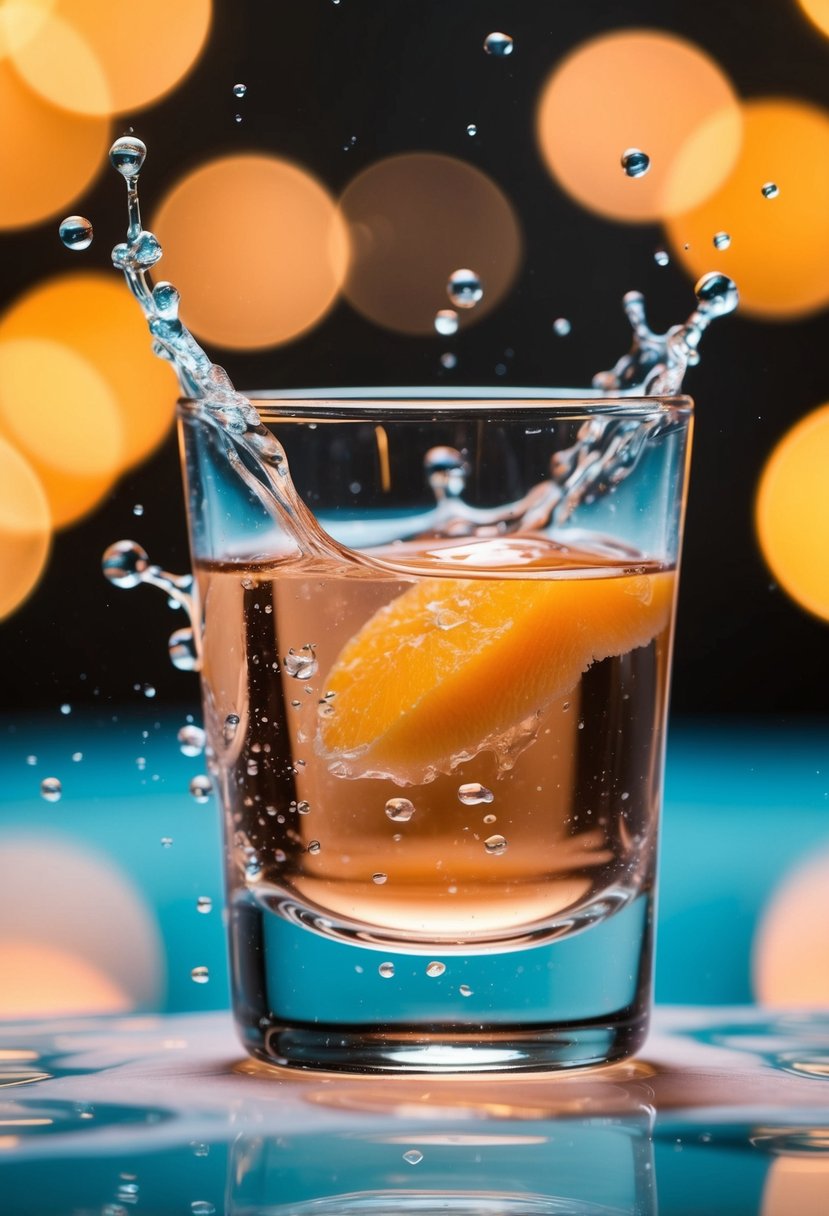 A crystal-clear shot glass filled with peach schnapps and surrounded by splashes of liquid