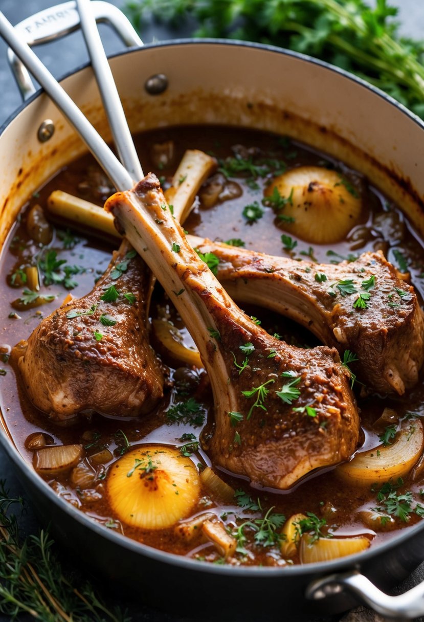 Lamb shanks simmering in a rich, onion-infused red wine sauce, surrounded by aromatic herbs and spices