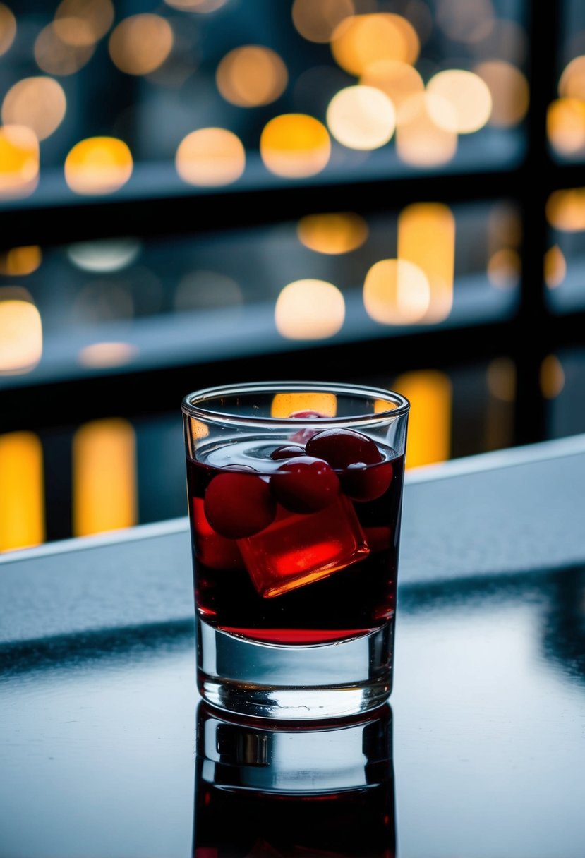 A clear shot glass filled with deep red cranberry vodka, set on a sleek, reflective surface