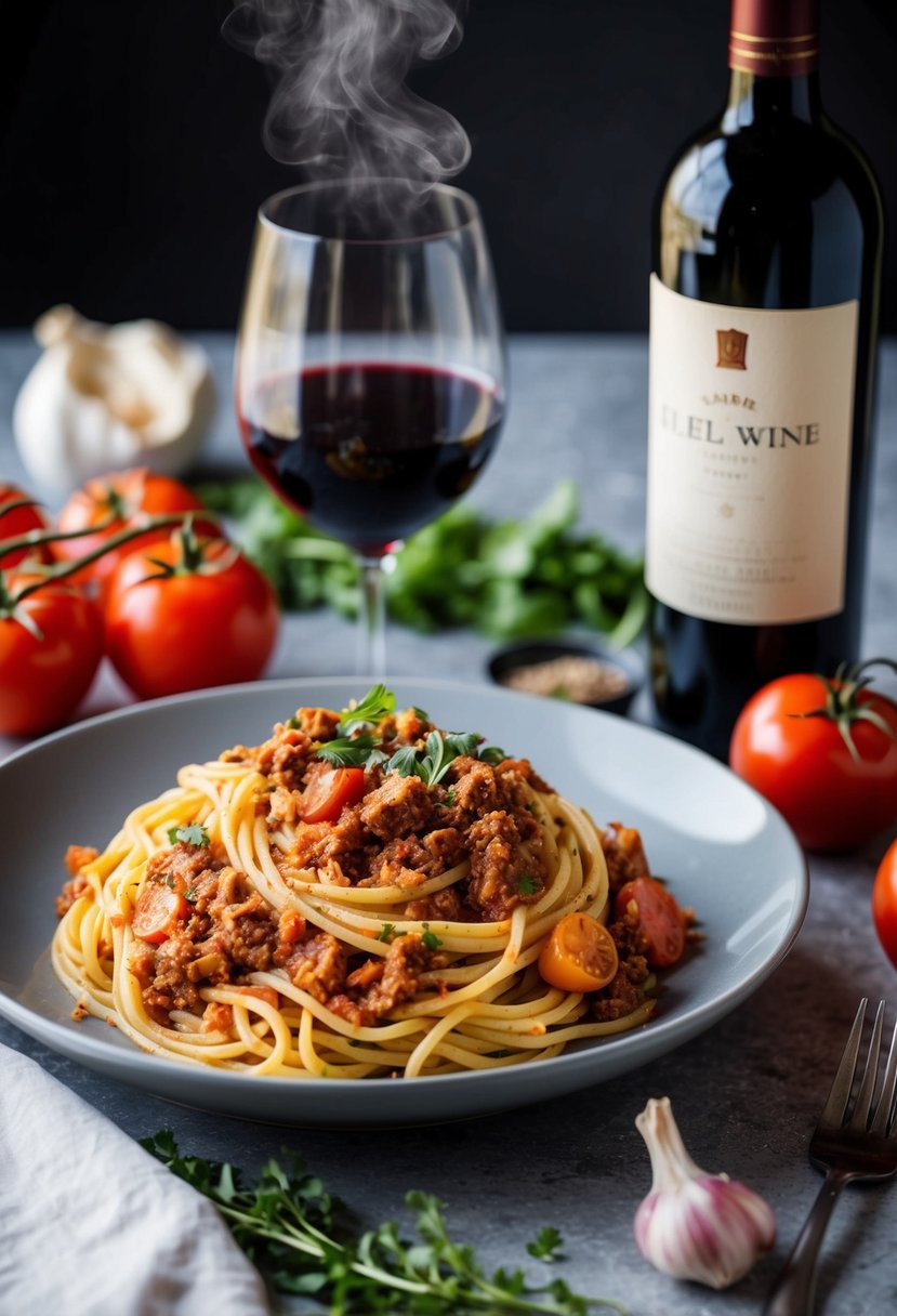 A steaming plate of Pasta Bolognese sits next to a bottle of red wine, surrounded by fresh ingredients like tomatoes, garlic, and herbs