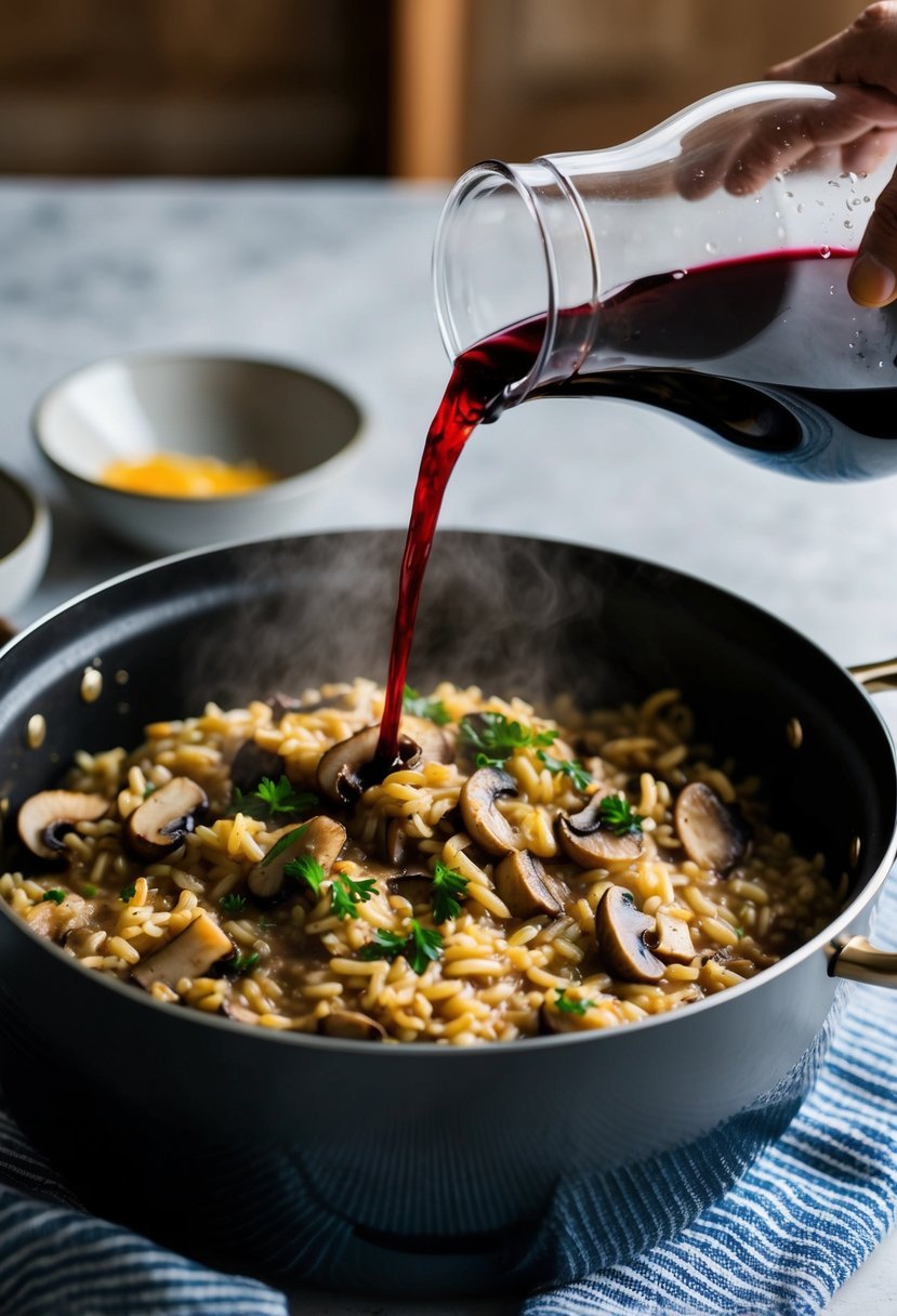 A pot of simmering mushroom risotto with a splash of red wine being poured into the mixture