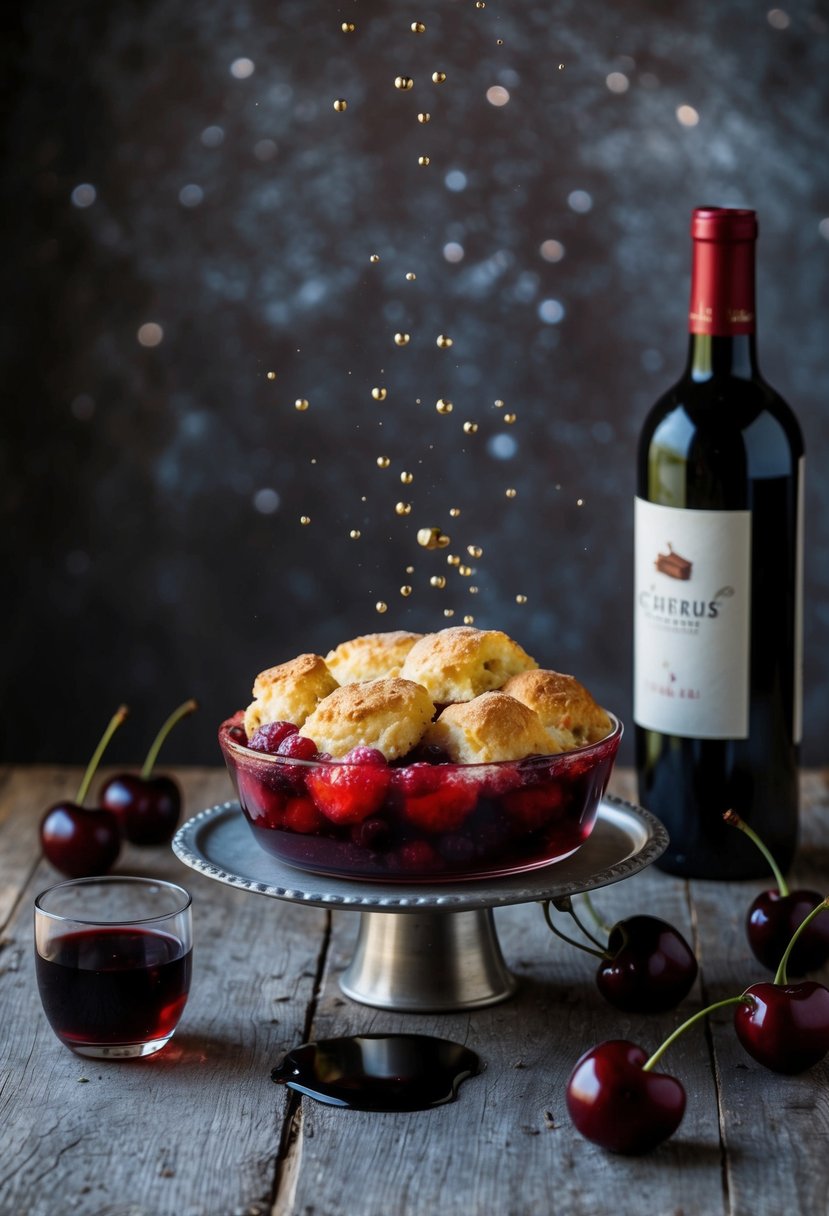 A bubbling cherry cobbler sits on a rustic table, surrounded by spilled red wine, fresh cherries, and a bottle of red wine