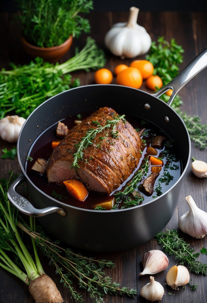 A large pot simmering with red wine-braised brisket, surrounded by herbs, garlic, and root vegetables