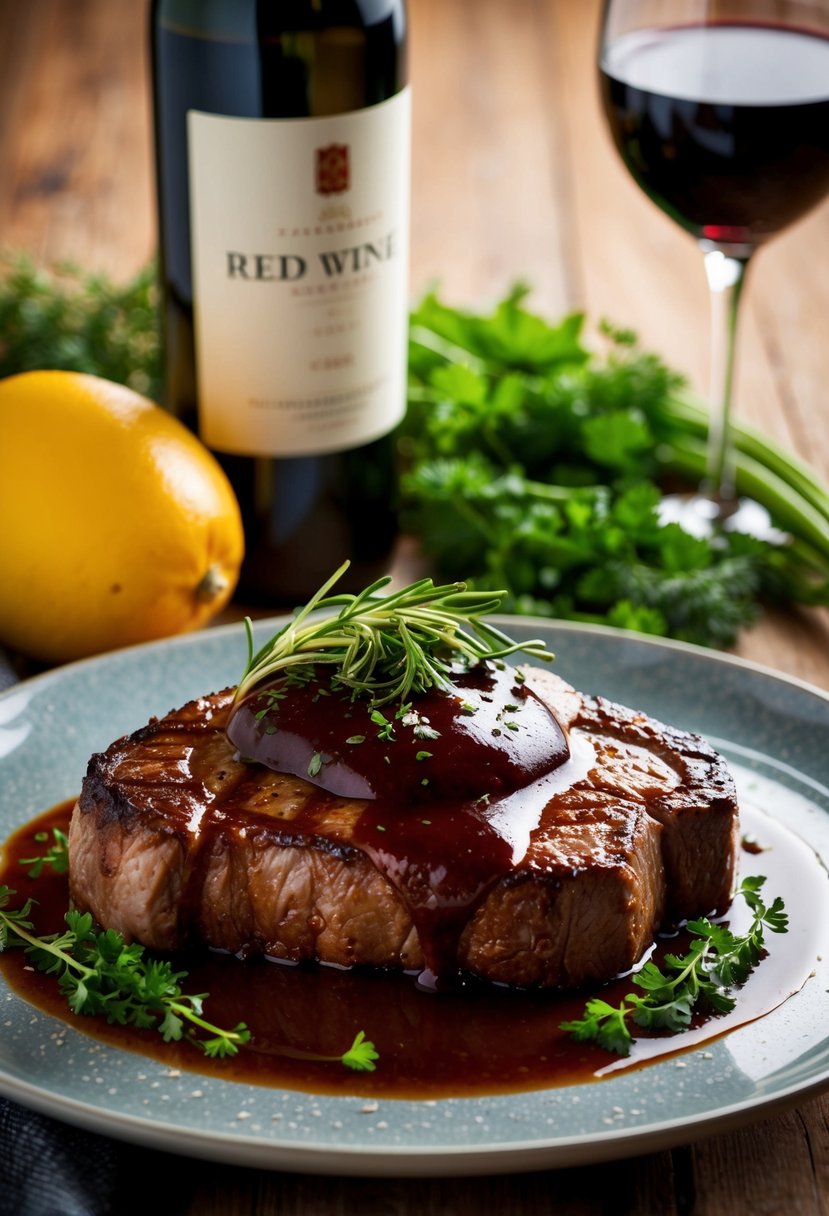 A sizzling steak topped with rich, glossy red wine jus, surrounded by fresh herbs and a bottle of red wine