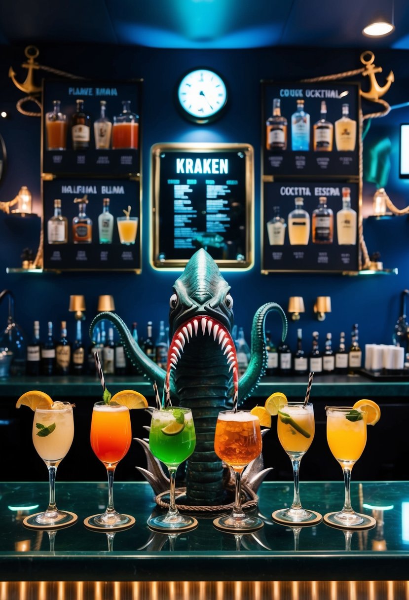 A kraken-themed cocktail bar with a variety of drink recipes on display, surrounded by nautical decor and mysterious ambiance