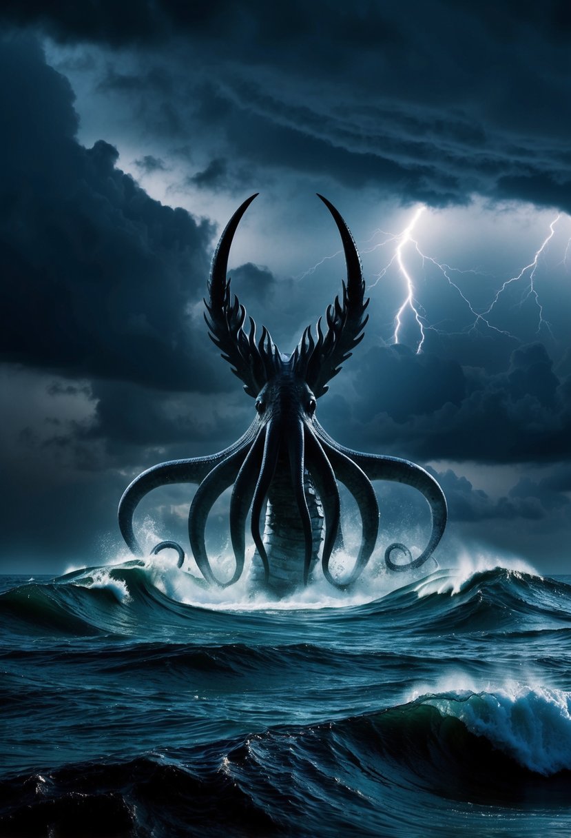 A dark, stormy sea with a giant kraken rising from the depths, surrounded by swirling waves and crashing thunder