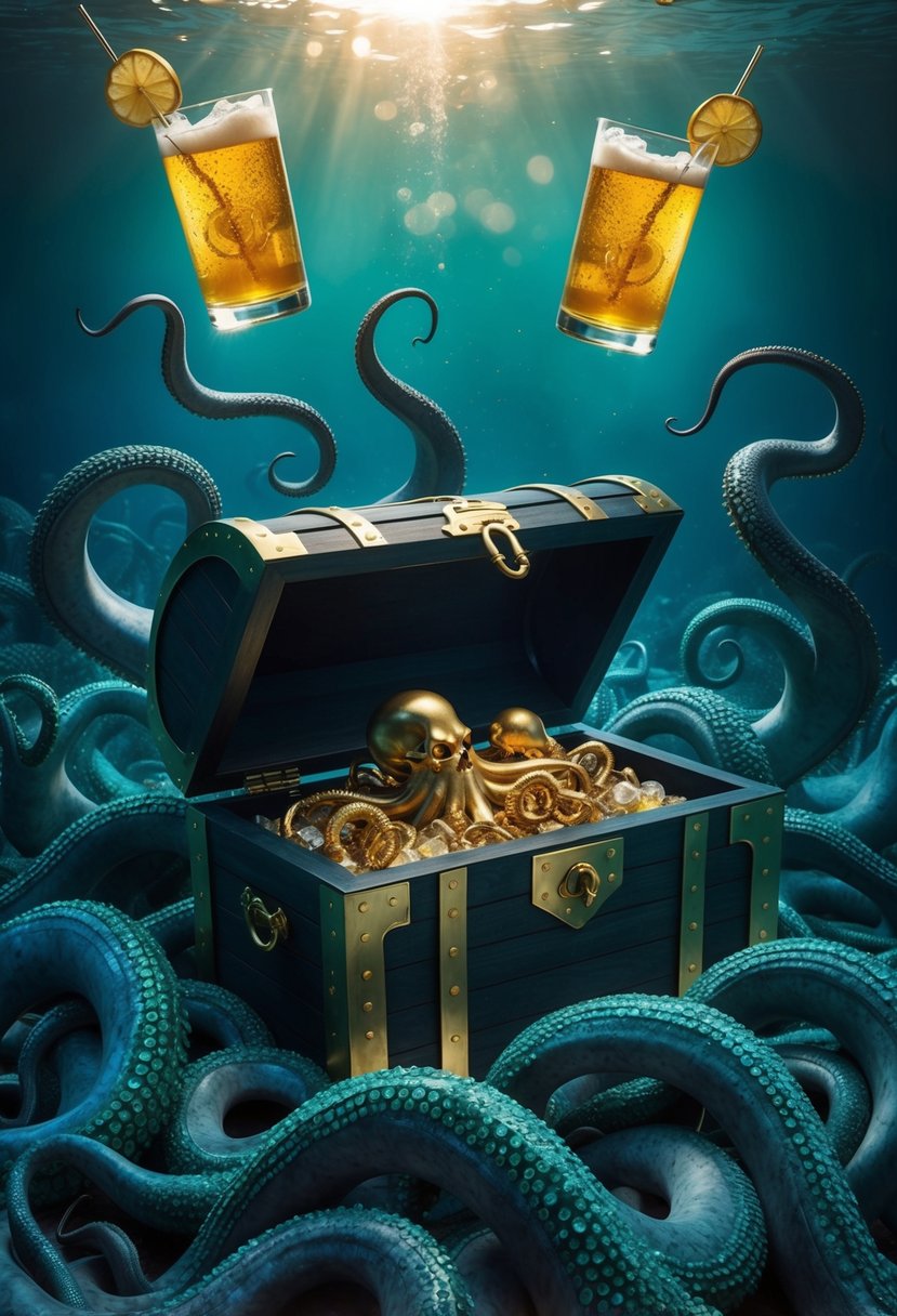 A sunken treasure chest surrounded by swirling kraken tentacles, with golden swizzle drinks floating above