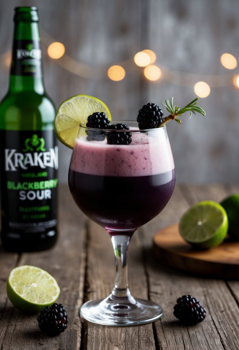 A glass of Kraken Blackberry Sour sits on a rustic wooden table, garnished with fresh blackberries and a slice of lime