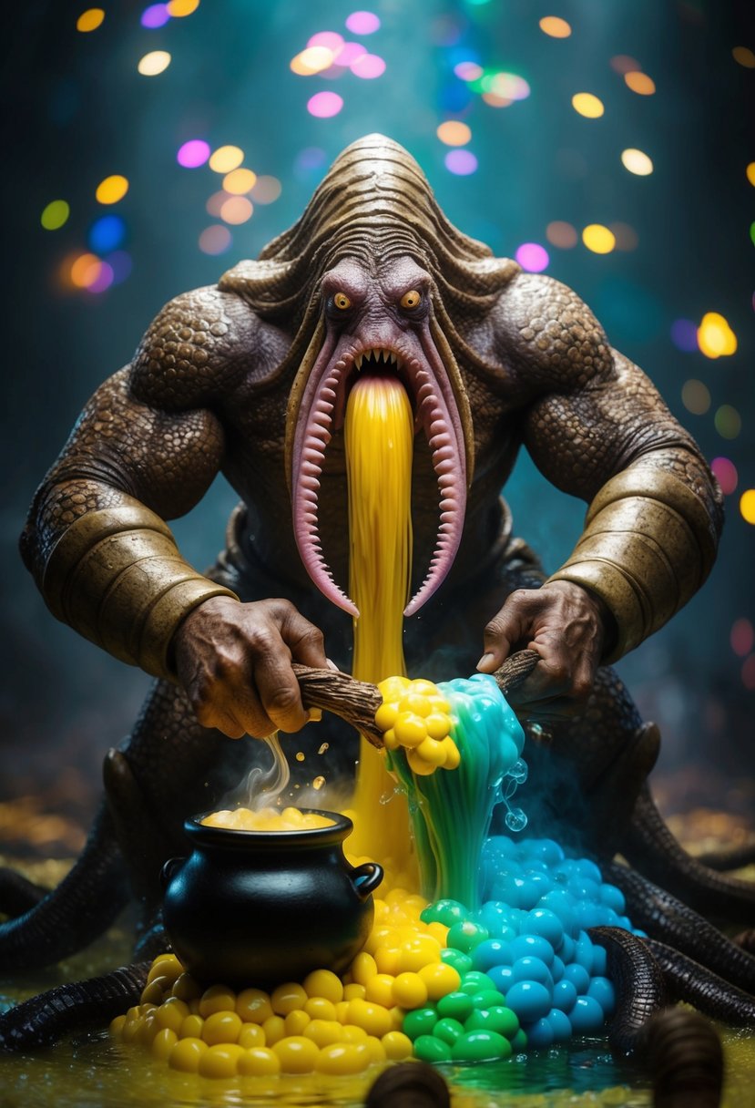 A monstrous kraken mixing colorful potions in a bubbling cauldron