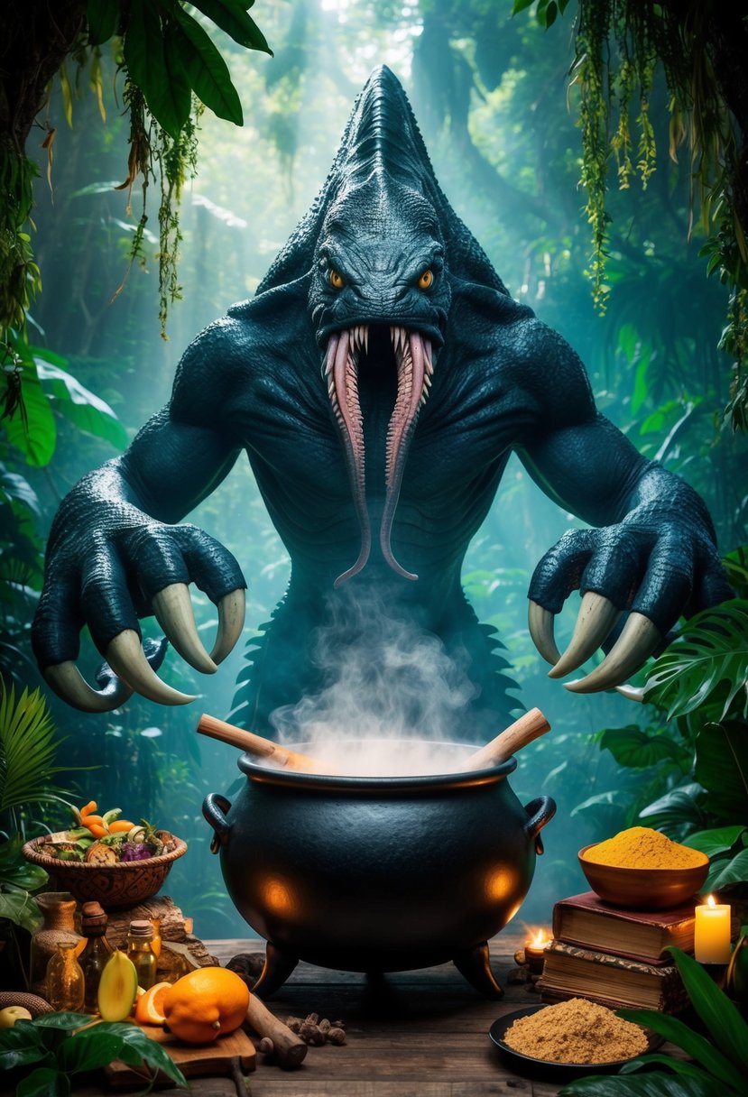 A massive kraken looms over a bubbling cauldron, surrounded by exotic ingredients and ancient recipe books in the heart of a lush jungle