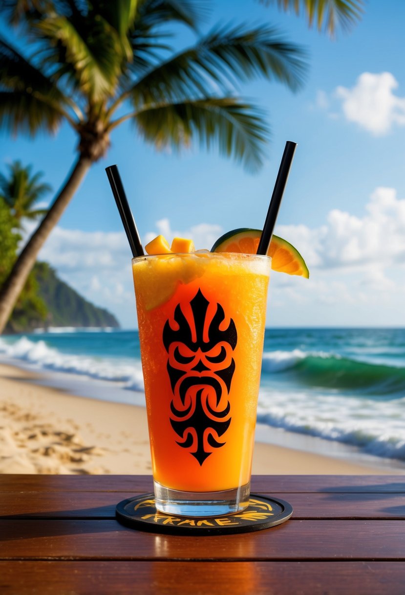 A tropical beach bar with a Kraken Spicy Mango drink on a wooden counter, surrounded by palm trees and ocean waves