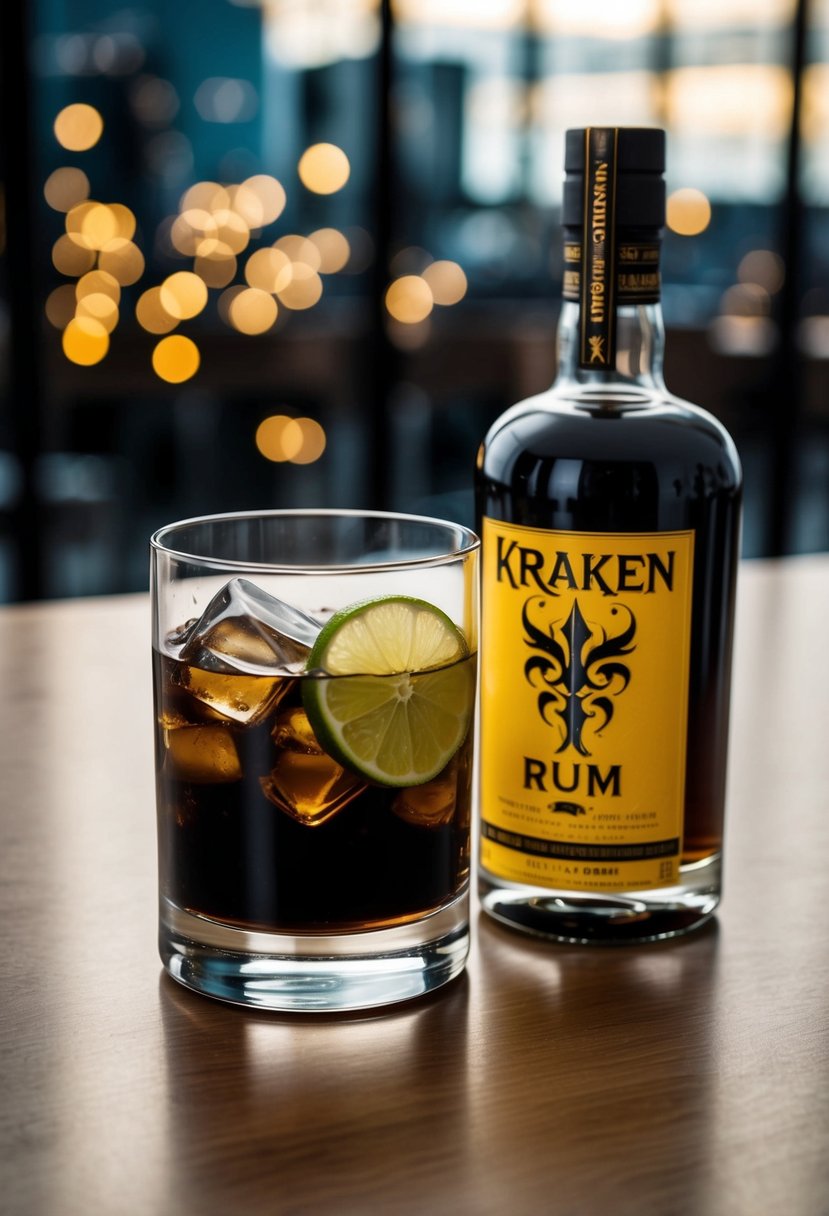 A glass filled with dark liquid, ice, and a slice of lime, accompanied by a bottle of Kraken rum