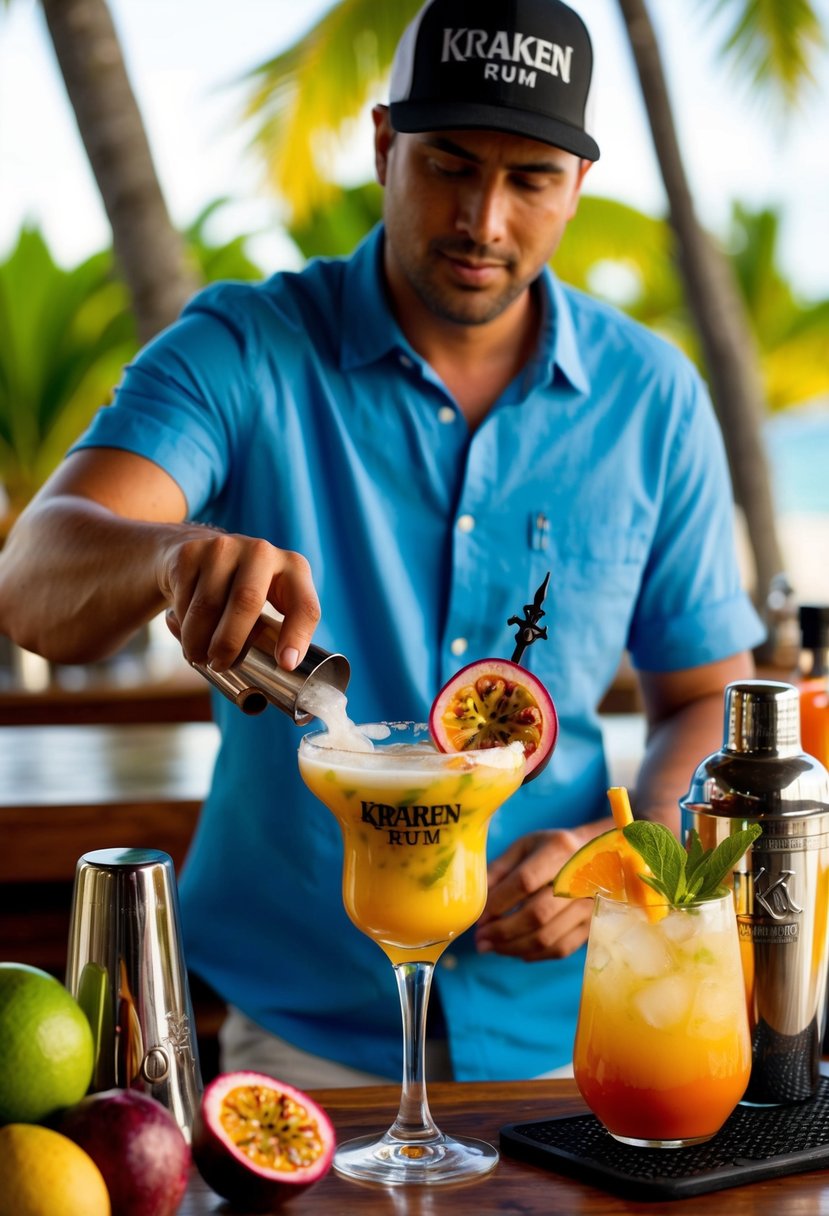 A tropical beach bar with a bartender mixing a Passionfruit Daiquiri using Kraken rum, surrounded by fresh fruit and cocktail shakers