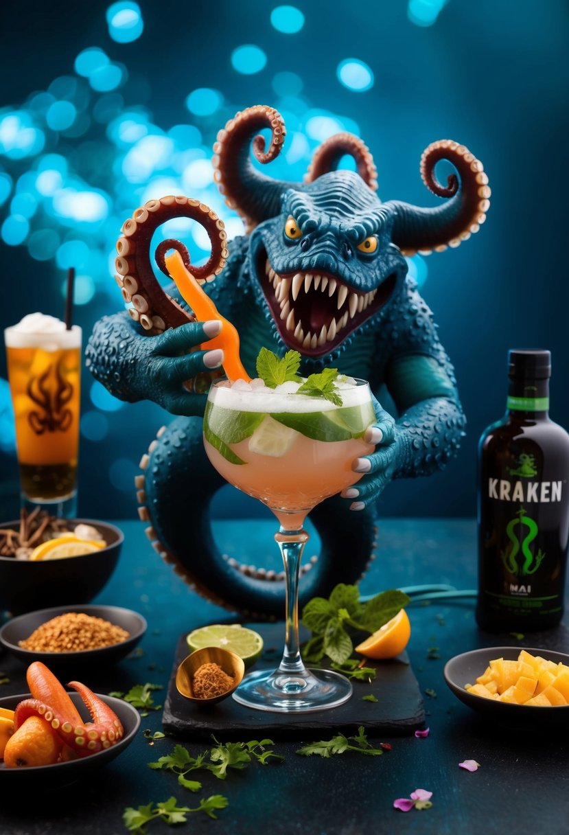 A sea monster holding a Mai Tai with tentacles, surrounded by kraken drink ingredients