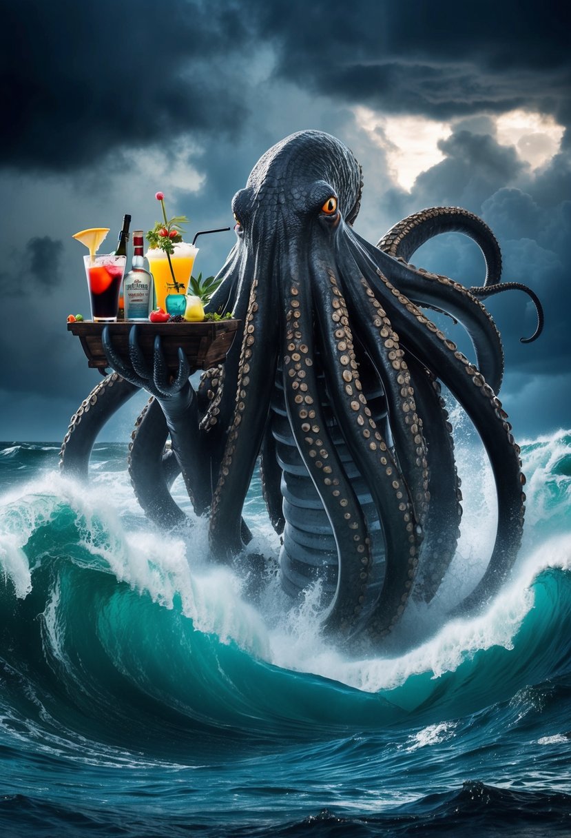 A massive kraken emerges from the swirling sea, surrounded by crashing waves and dark storm clouds. Its tentacles reach up to grab a variety of colorful drink ingredients from a shipwrecked bar