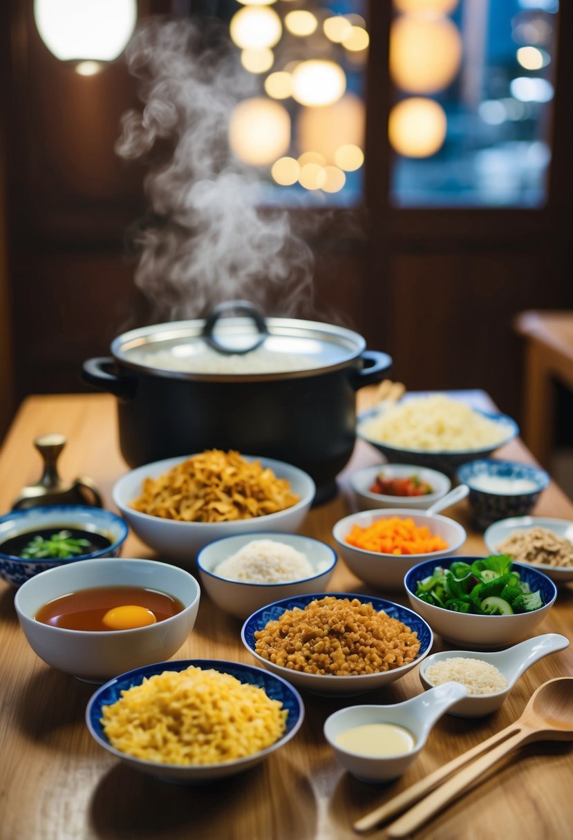 A table set with various won ton ingredients and utensils, with a steaming pot in the background