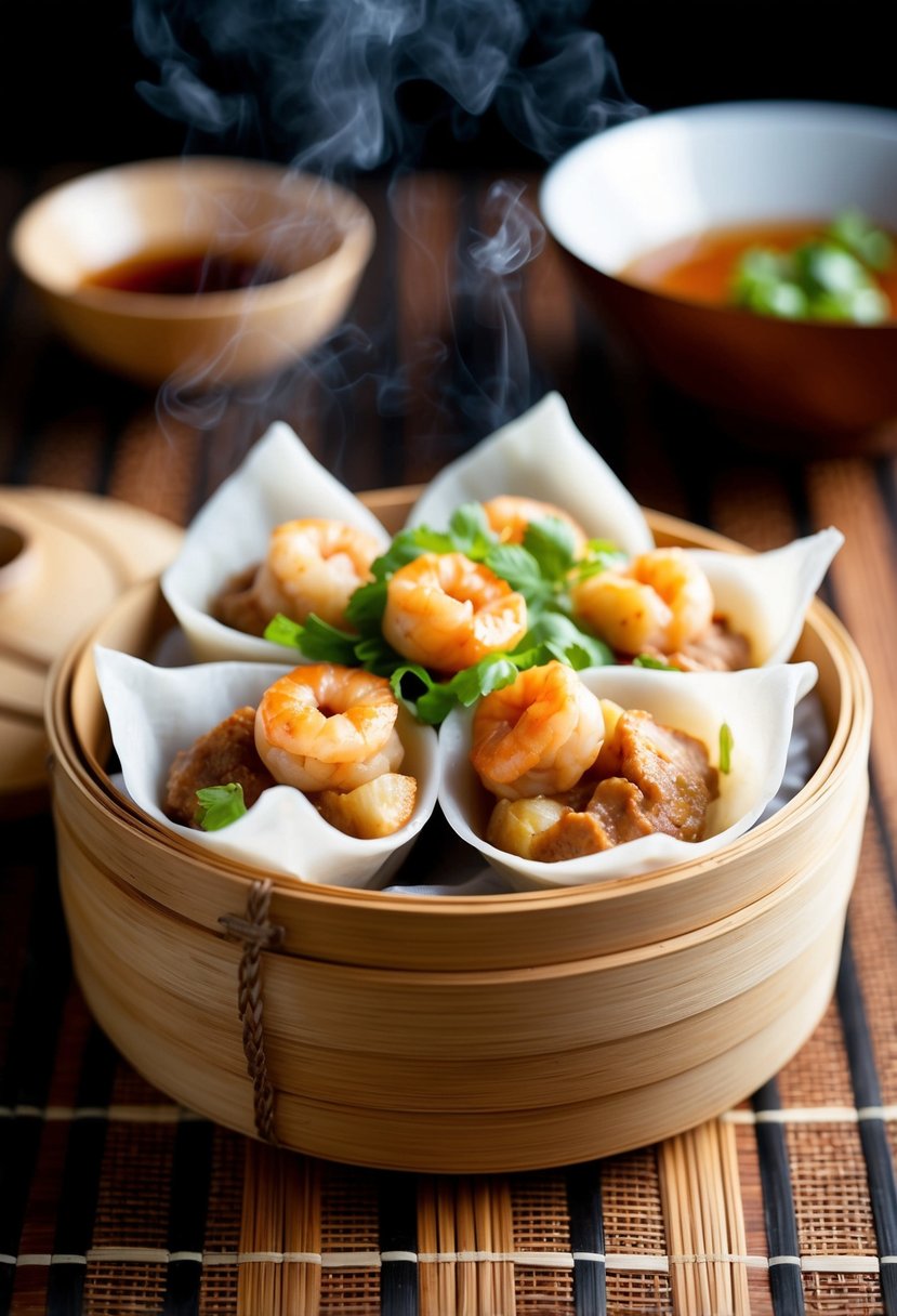 A steaming bamboo basket filled with plump pork and shrimp wontons