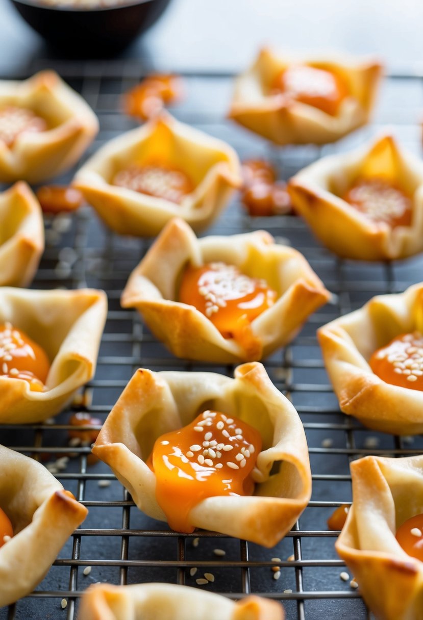 Golden-brown cream cheese wontons cooling on a wire rack, surrounded by scattered sesame seeds and a drizzle of sweet chili sauce