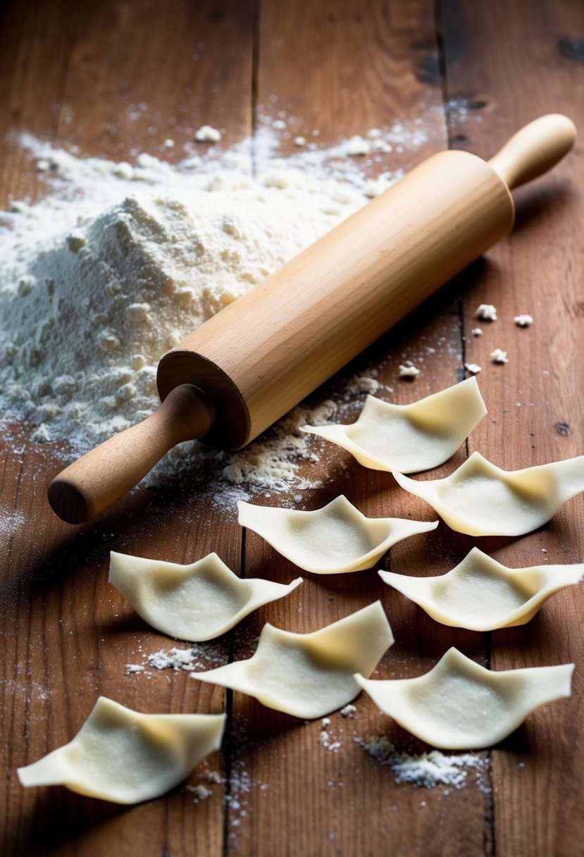 A wooden surface with scattered flour, a rolling pin, and neatly arranged homemade wonton wrappers