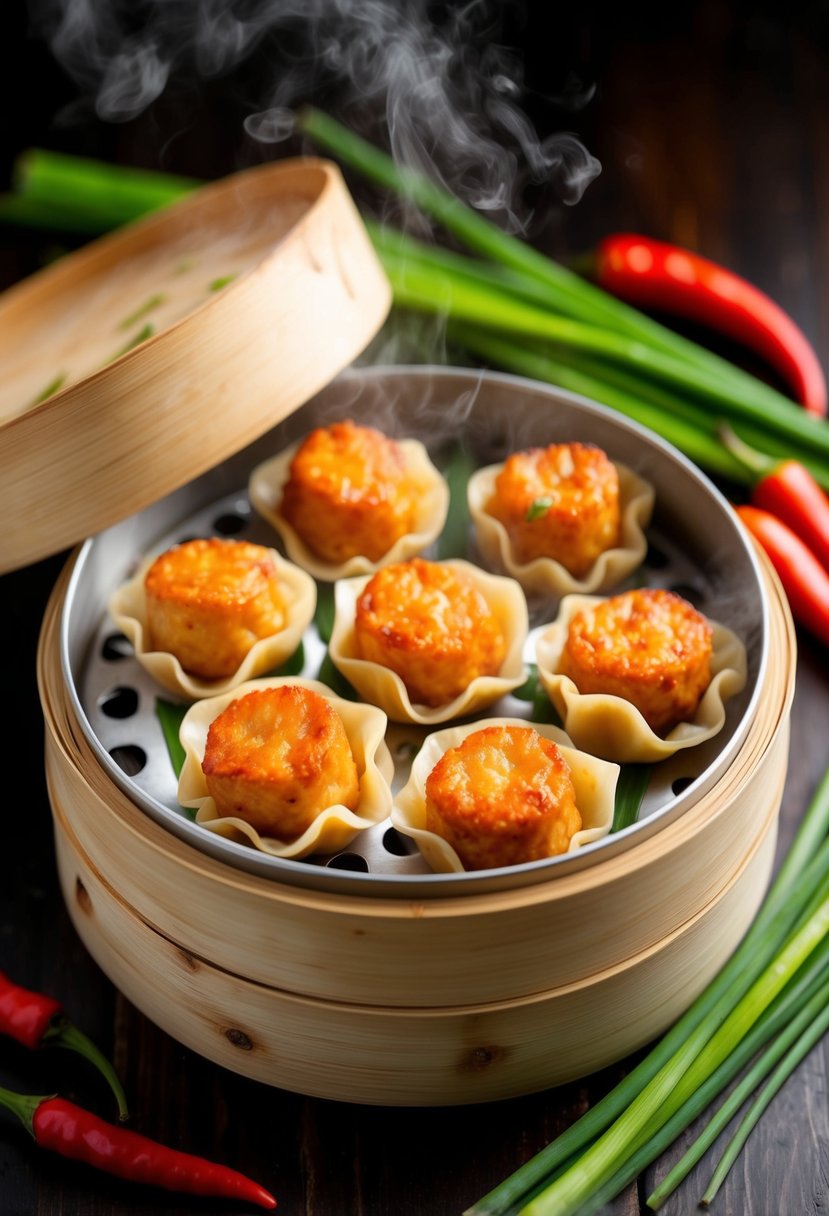 A steaming bamboo steamer filled with golden brown Spicy Pork and Chive Wontons, surrounded by vibrant green chives and red chili peppers