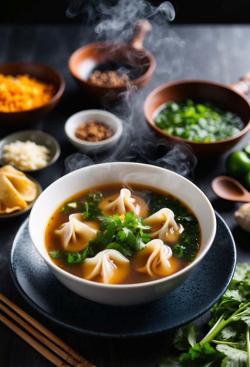 A steaming bowl of wonton soup surrounded by fresh ingredients and traditional cooking utensils