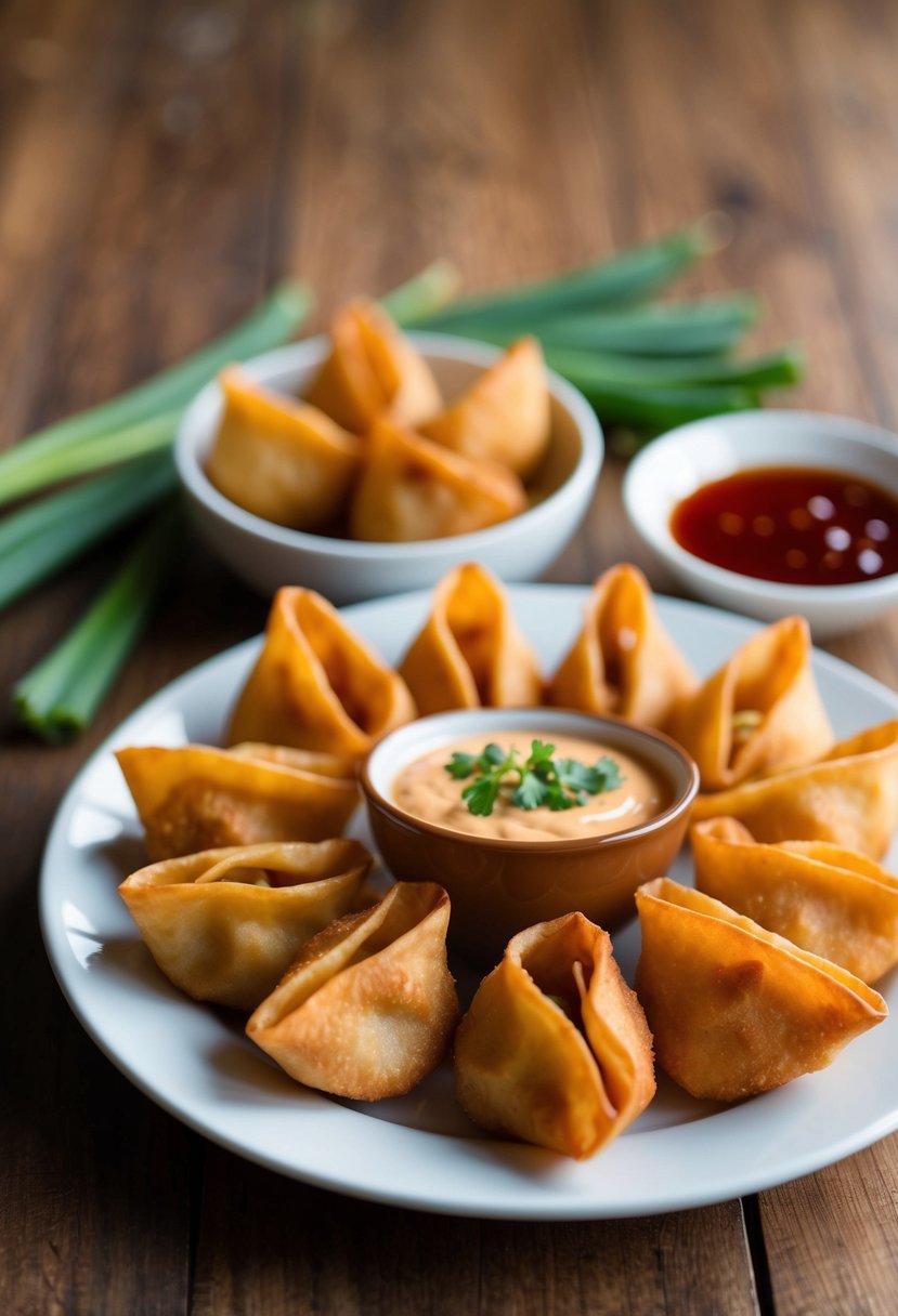 Golden fried wontons arranged on a plate with dipping sauce