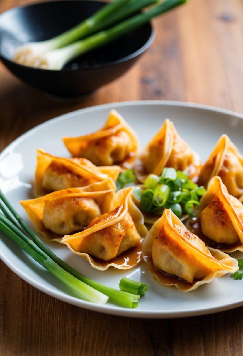 A plate of golden brown wontons, glistening with a sweet and sour glaze, arranged on a white platter with a garnish of fresh green onions