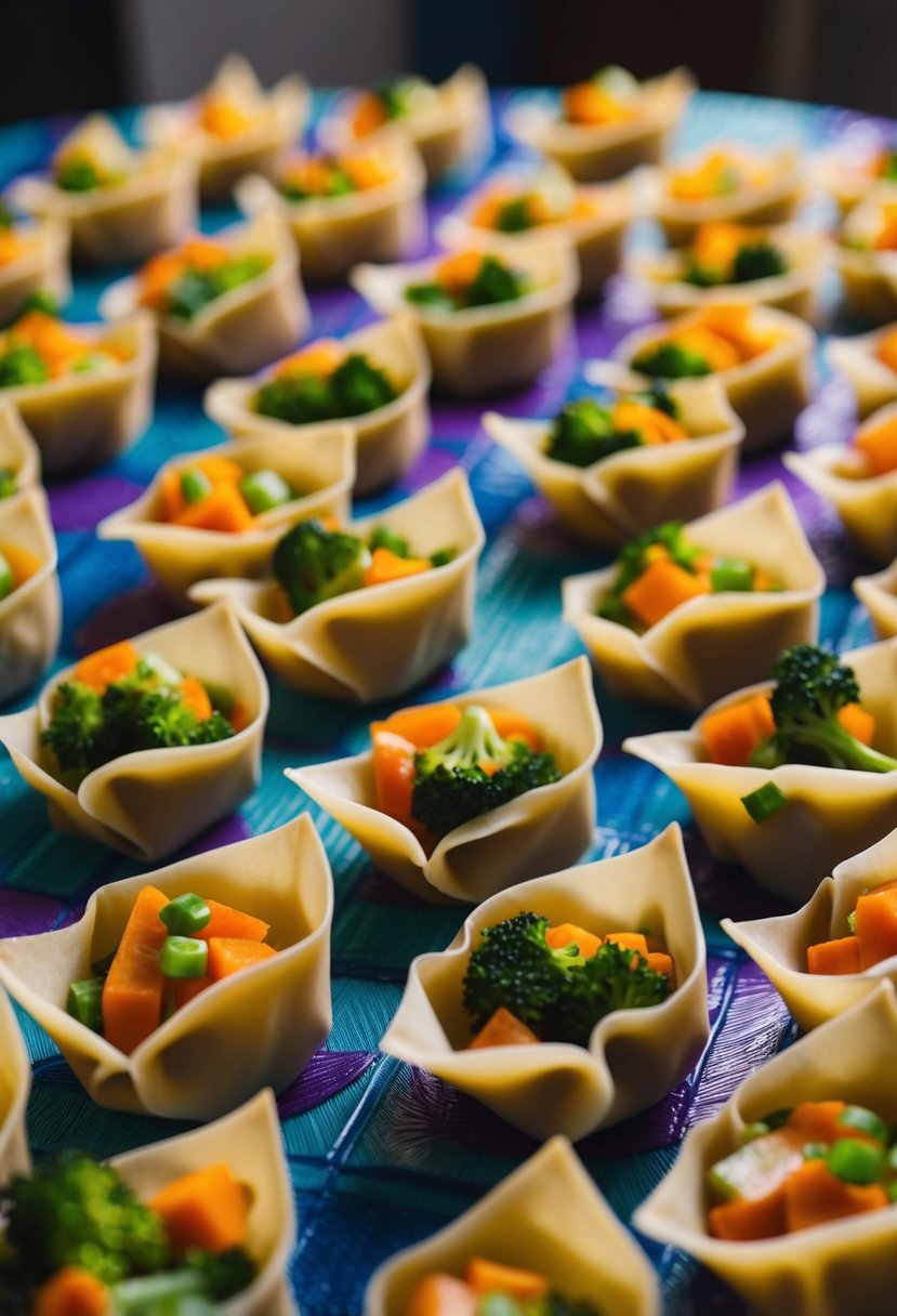 A table covered in colorful, freshly made wontons filled with an assortment of vegetables, ready to be steamed or fried