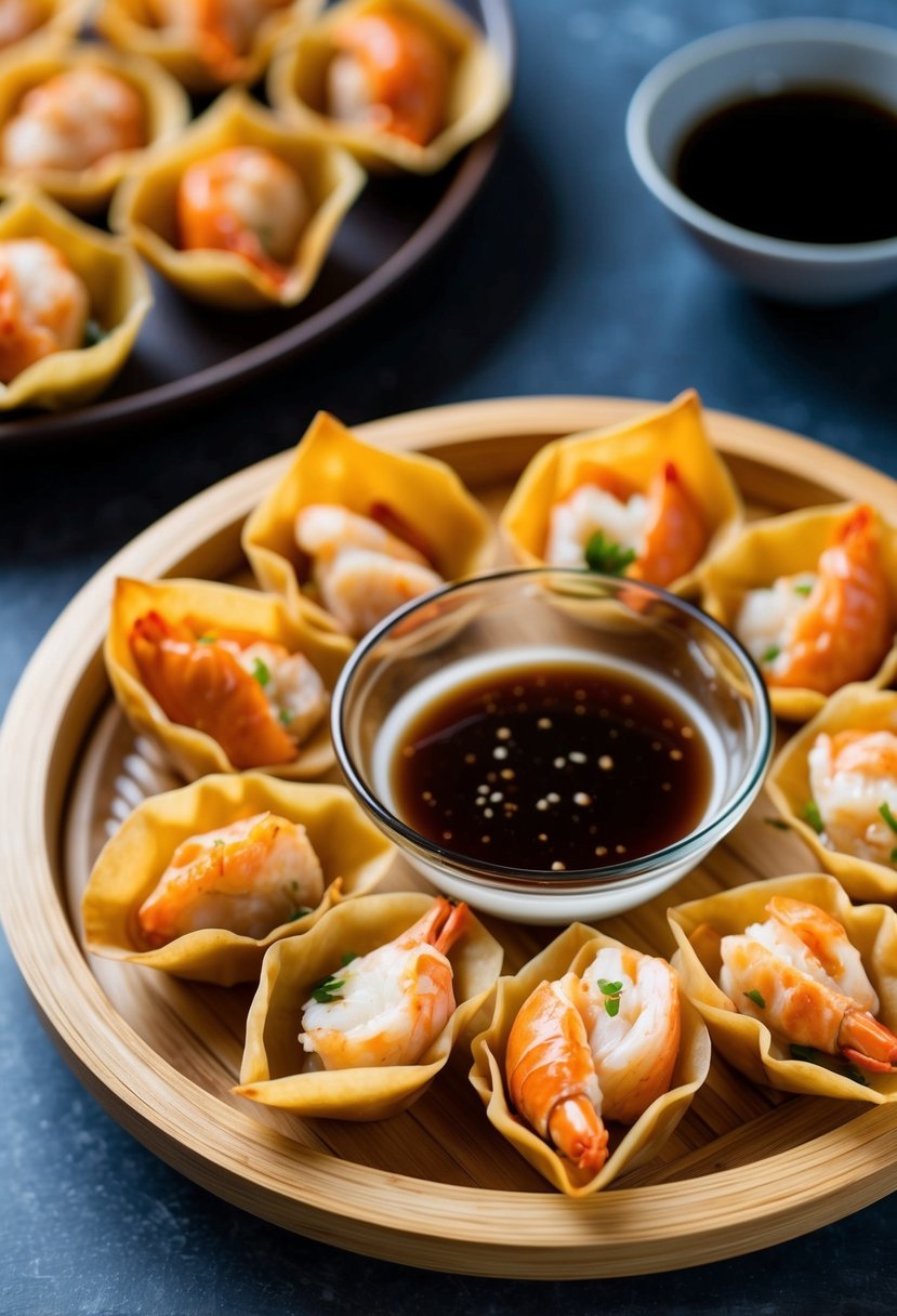 A platter of golden-brown seafood and crab wontons arranged with dipping sauce on a bamboo serving tray