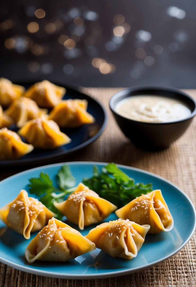 Golden sesame chicken wontons arranged on a plate with a side of dipping sauce