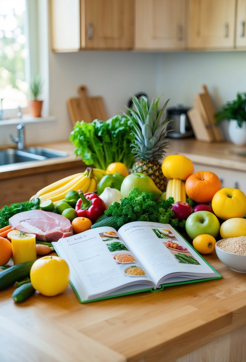 A kitchen counter with a variety of fresh fruits, vegetables, lean meats, and whole grains, along with a cookbook open to a page of gallbladder-friendly recipes